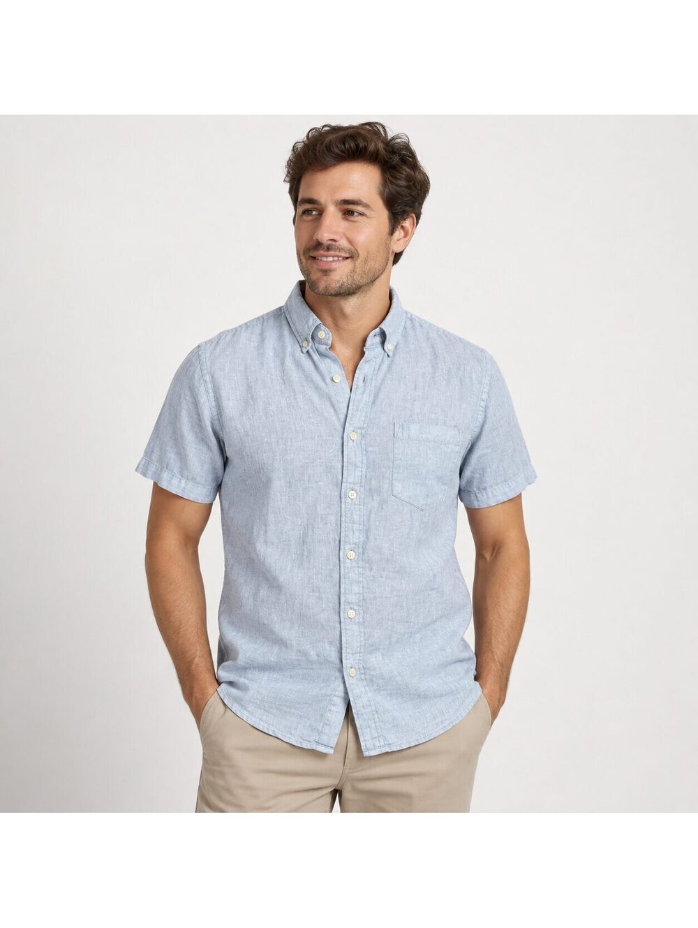 J.Crew Men's Slim Linen Cotton Short Sleeve Button Up Shirt Light Blue M